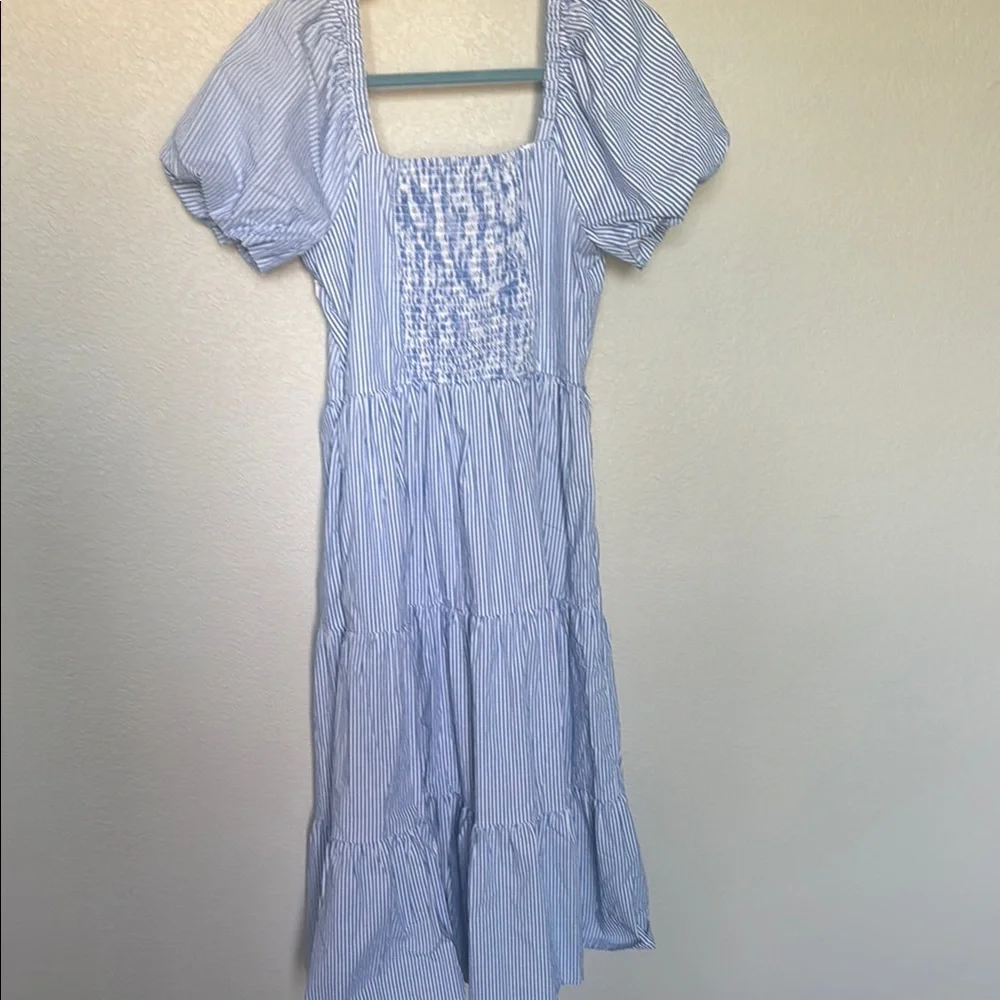 J. Crew Blue and White Striped Puff-Sleeve Maxi Dress